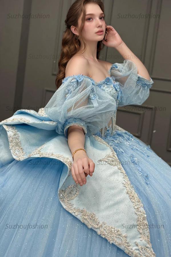 Ball Gown Sweetheart Neck Detachable Half Lantern Sleeves Beaded 3D Flower Appliques Big Bow Knot Back Glitter Sky Blue Tulle Quinceanera Dress Birthday Party Dress For Sweet 16