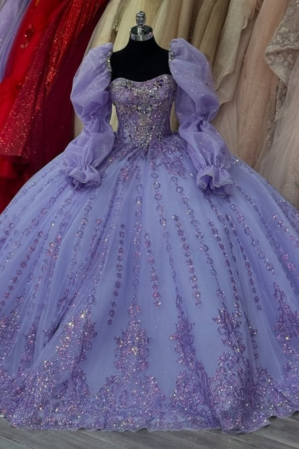 Ball Gown Sweetheart Neck Long Lanern Sleeves Beaded Sequins Appliques Lilac Tulle Quinceanera Dress Birthday Party Dress Evening Formal Gown For Sweet 16