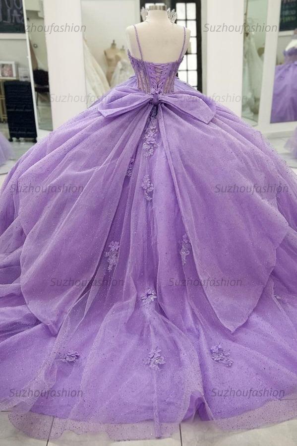 Ball Gown Sweetheart Neck Spaghetti Straps Sleeveless Beaded 3D Flower Appliques Pleated Bow Knot Sparkly Lilac Tulle Quinceanera Dress Princess Birthday Party Dress For Sweet 16