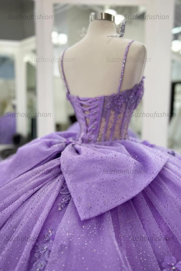 Ball Gown Sweetheart Neck Spaghetti Straps Sleeveless Beaded 3D Flower Appliques Pleated Bow Knot Sparkly Lilac Tulle Quinceanera Dress Princess Birthday Party Dress For Sweet 16