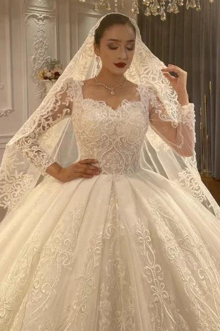 Ball Gown Sweetheart Tulle Long Sleeves Appliques Floor-Length Wedding Dresses with Lace (ZD15731)