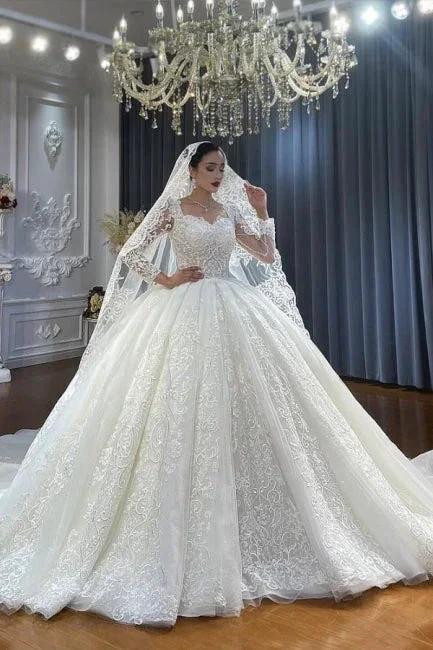 Ball Gown Sweetheart Tulle Long Sleeves Appliques Floor-Length Wedding Dresses with Lace (ZD15731) - VelvetHem
