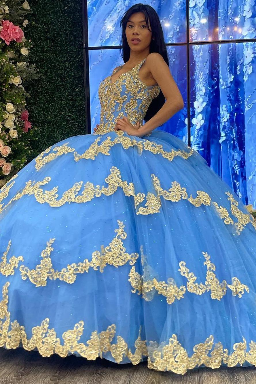 Ball Gown V Neck Beaded Sequins Flower Appliques Tiered Lace Up Sky Blue Tulle Quinceanera Dress Cocktail Dresses Princess Evening Party Gown For Sweet 16