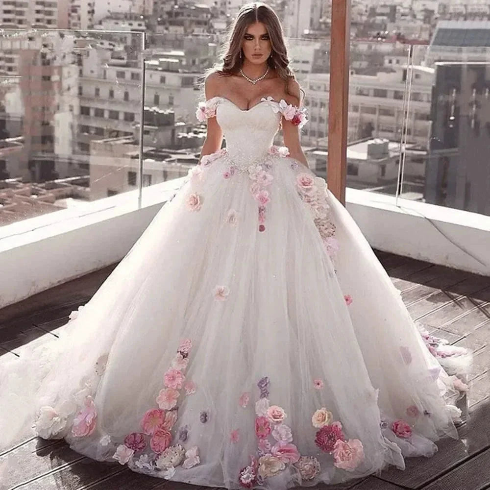 Ball Gown Wedding Dresses 2023 Sweetheart Off Shoulder 3D Flower Bridal Dress Sweep Train Plus Size robe de soirée de mariage by payinti