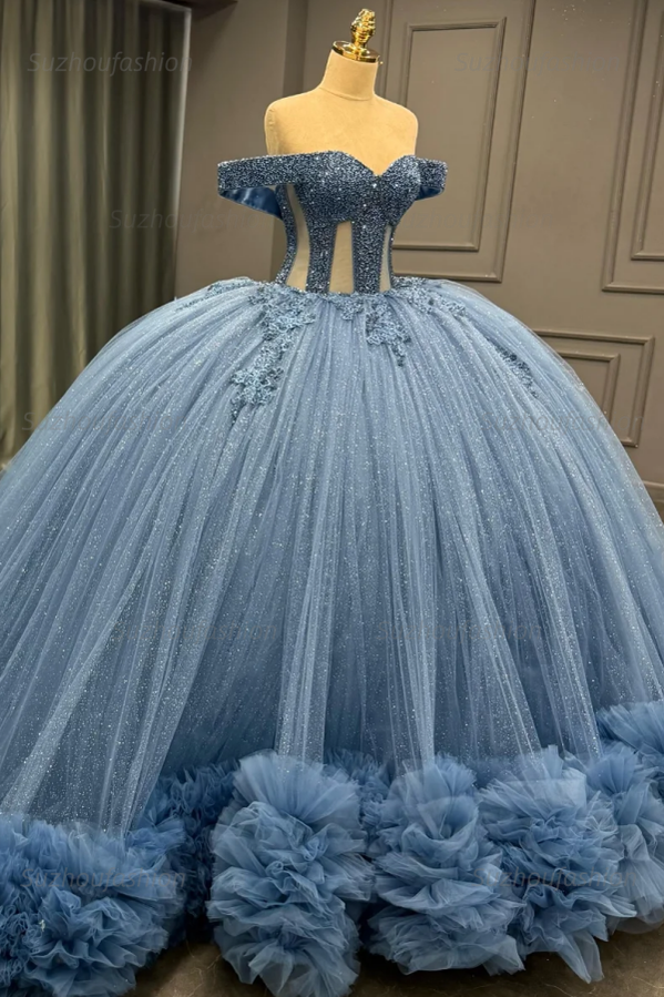 Ball Gownoff Shoulder Sleeveless Fully Beaded Appliques Pleated Lace Up Sparkly Blue Tulle Quinceanera Dress Formal Evening Gown For Sweet 16