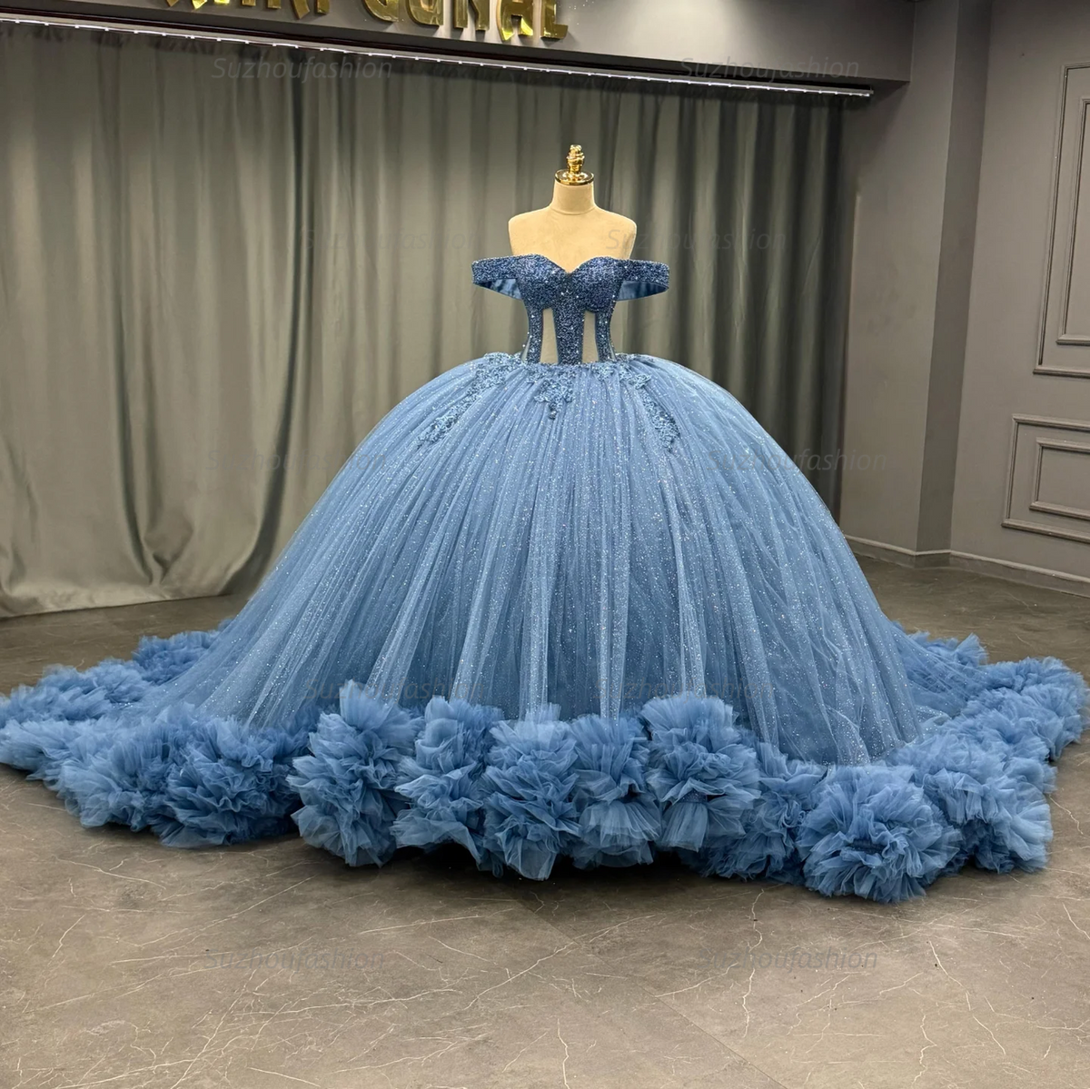 Ball Gownoff Shoulder Sleeveless Fully Beaded Appliques Pleated Lace Up Sparkly Blue Tulle Quinceanera Dress Formal Evening Gown For Sweet 16