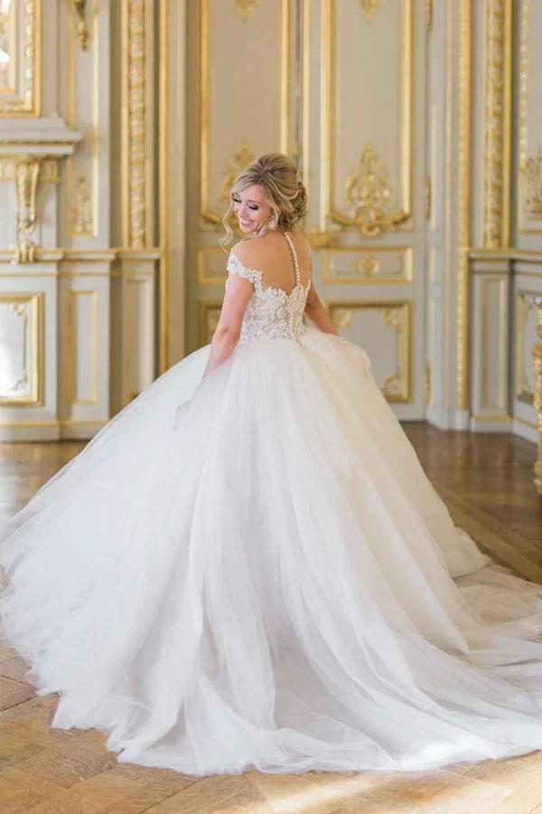 Ball Gown Elegant Cap Sleeves Lace Tulle Wedding Dress (ZD16132)