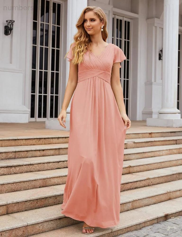ZapDress Chiffon Bridesmaid Dress Cap Sleeves Maxi Prom Gowns Party Wedding Mother of The Bride Dresses for Women (ZD17035)