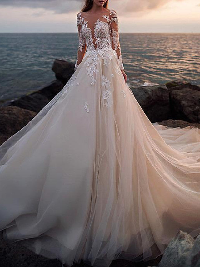 Beach A-Line Beach Wedding Dress Jewel Lace Tulle Long Sleeves Sexy See-Through Bridal Gowns with Court Train