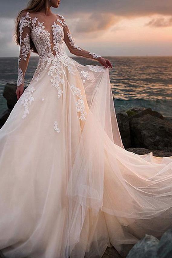 Beach A-Line Beach Wedding Dress Jewel Lace Tulle Long Sleeves Sexy See-Through Bridal Gowns with Court Train