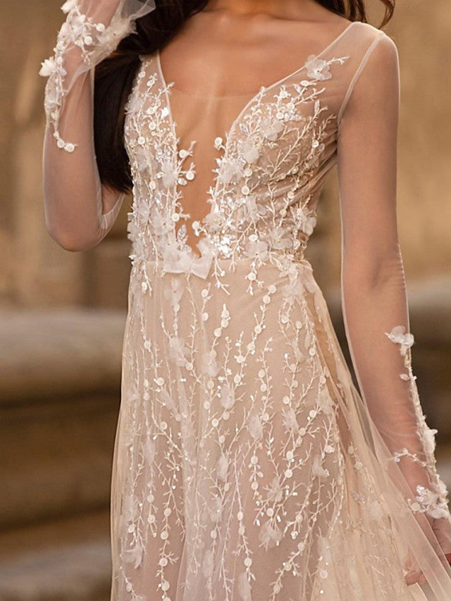 Beach A-Line Beach Wedding Dress Scoop Lace Tulle Long Sleeve Sexy See-Through Bridal Gowns