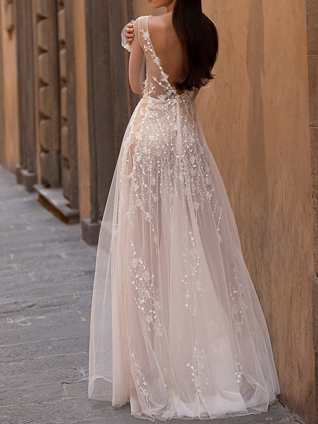 Beach A-Line Beach Wedding Dress Scoop Lace Tulle Long Sleeve Sexy See-Through Bridal Gowns