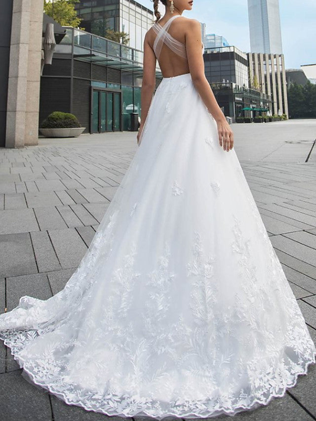 Beach A-Line Beach Wedding Dress V-Neck Lace Tulle Sleeveless Sexy Backless Bridal Gowns with Sweep Train