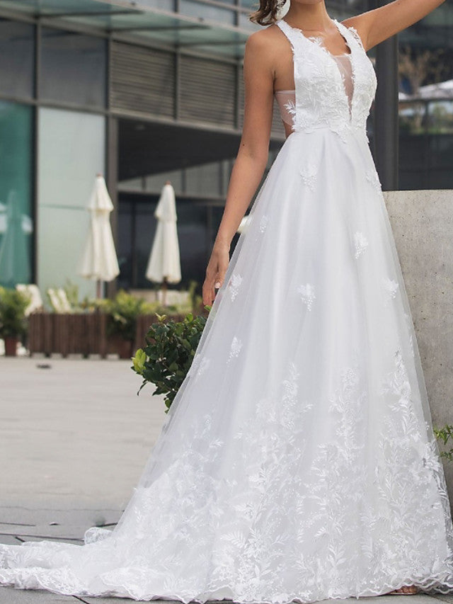 Beach A-Line Beach Wedding Dress V-Neck Lace Tulle Sleeveless Sexy Backless Bridal Gowns with Sweep Train