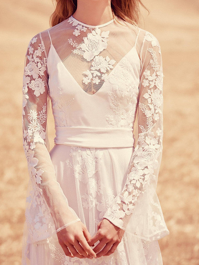 Beach A-Line Jewel Beach Wedding Dress Lace Long Sleeve Bridal Gowns with Sweep Train