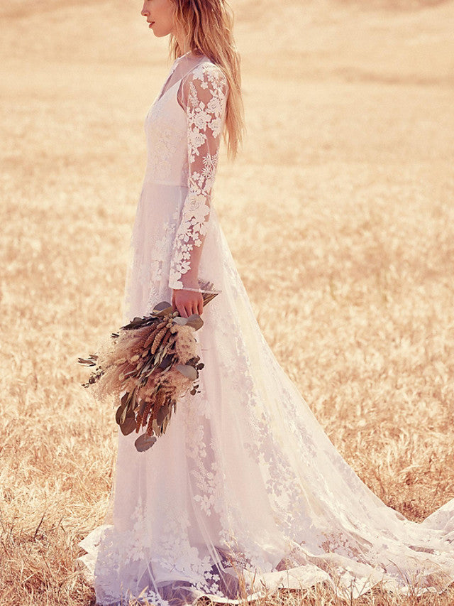 Beach A-Line Jewel Beach Wedding Dress Lace Long Sleeve Bridal Gowns with Sweep Train