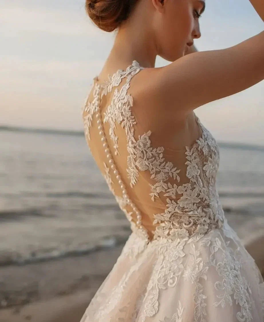 Beach A-Line Wedding Dresses O-neck Sleeveless Vestidos De Novia Custom Made Appliques Vestido De Noiva (ZD14053)