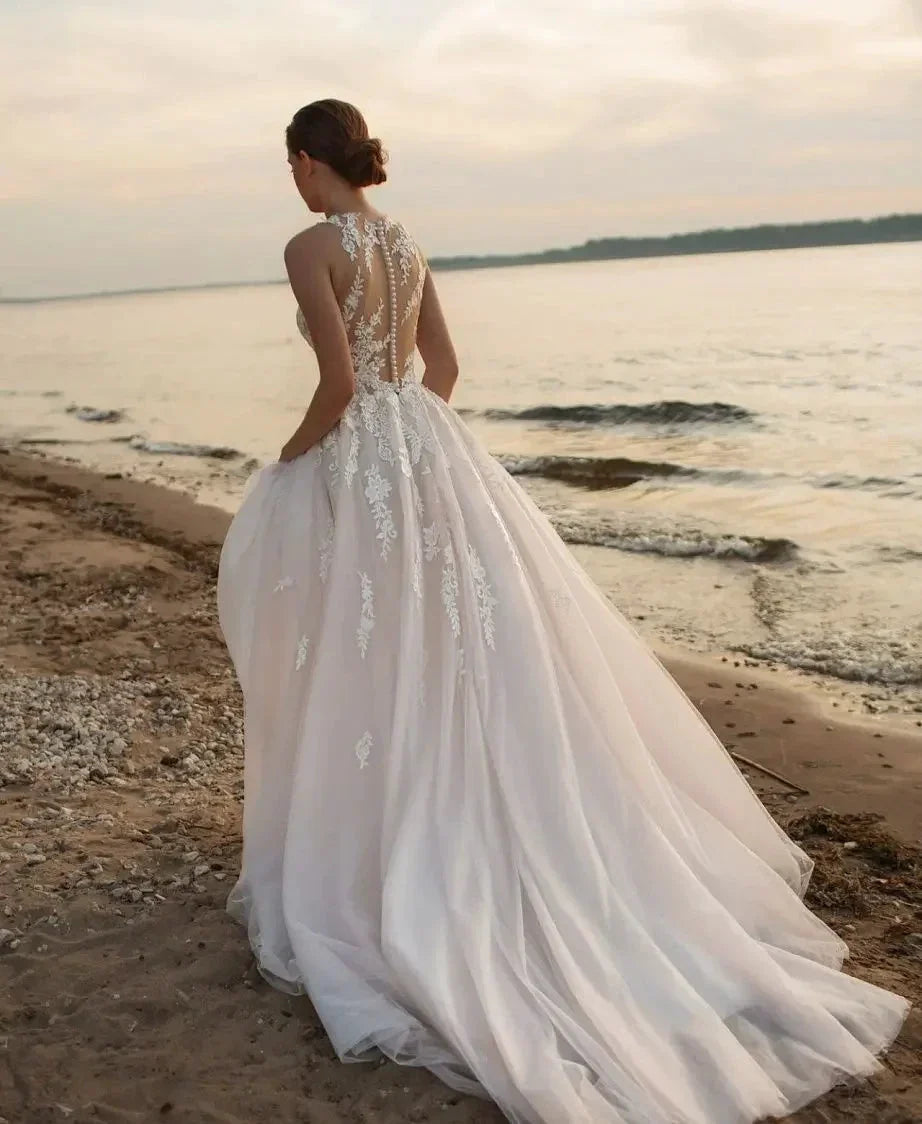 Beach A-Line Wedding Dresses O-neck Sleeveless Vestidos De Novia Custom Made Appliques Vestido De Noiva (ZD14053)