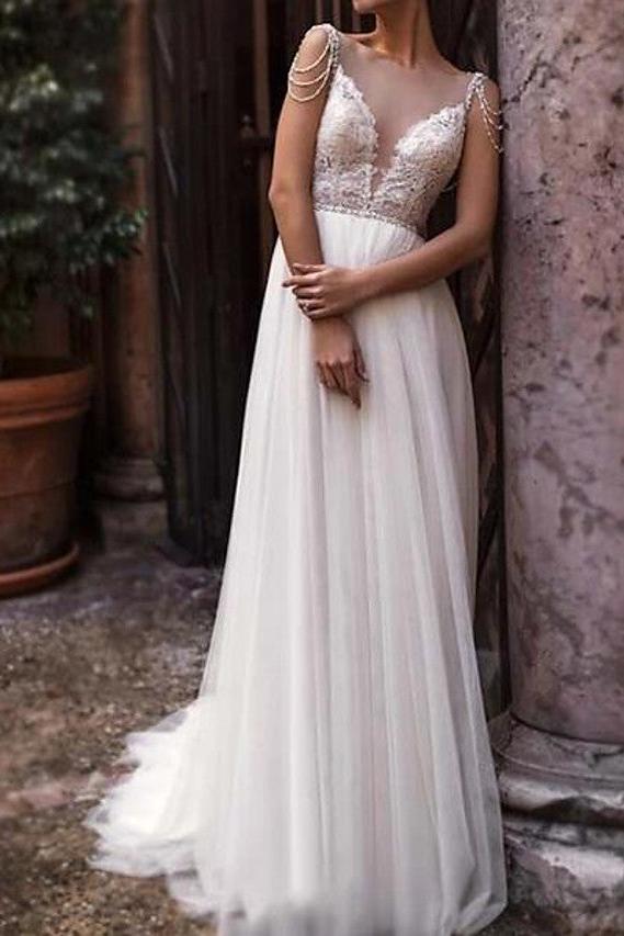 Beach Boho A-Line Beach Wedding Dress Jewel Chiffon Lace Tulle Sleeveless Sexy See-Through Bridal Gowns with Court Train