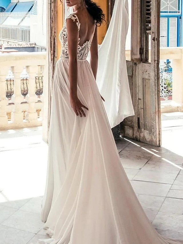 Beach Boho A-Line Beach Wedding Dress Plunging Neck Chiffon Lace Cap Sleeve Sexy See-Through Bridal Gowns with Sweep Train