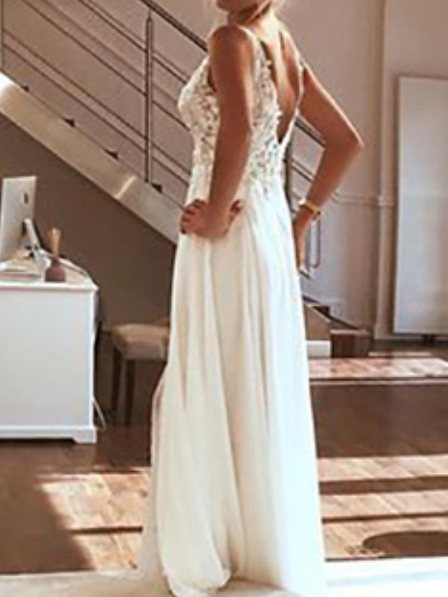 Beach Boho A-Line Beach Wedding Dress V-Neck Spaghetti Strap Lace Chiffon Sexy Bridal Gowns Sweep Train