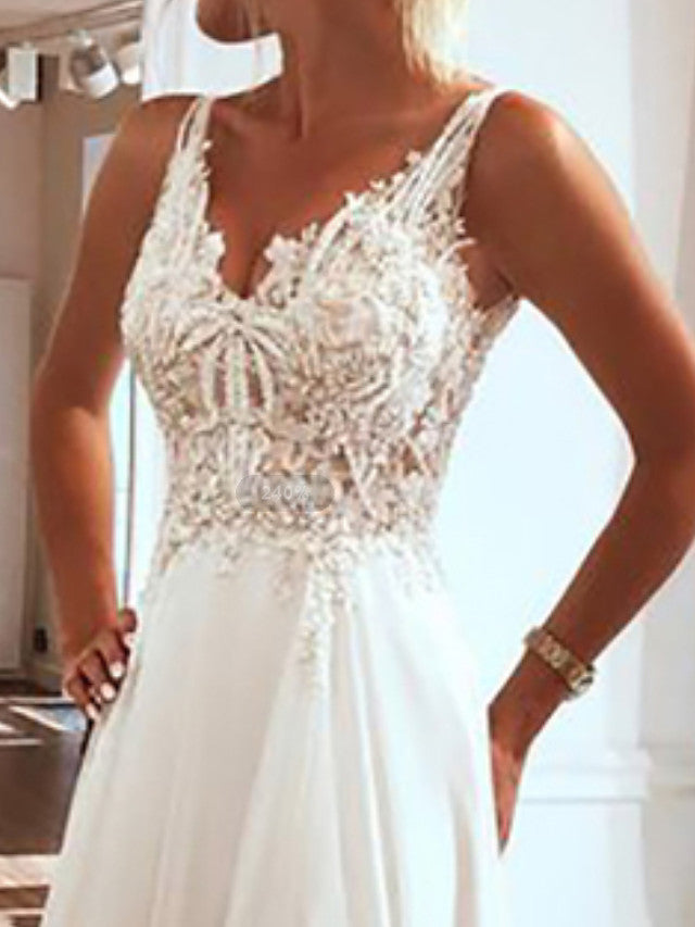 Beach Boho A-Line Beach Wedding Dress V-Neck Spaghetti Strap Lace Chiffon Sexy Bridal Gowns Sweep Train