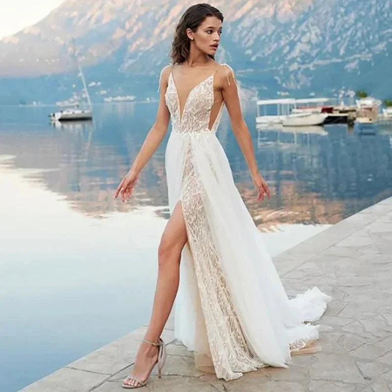 Beach Boho Backless Wedding Dresses Spaghetti Straps Lace Wedding Gowns Side Split V Neck Bride Dress Vestido De Novia (ZD13356) - VelvetHem