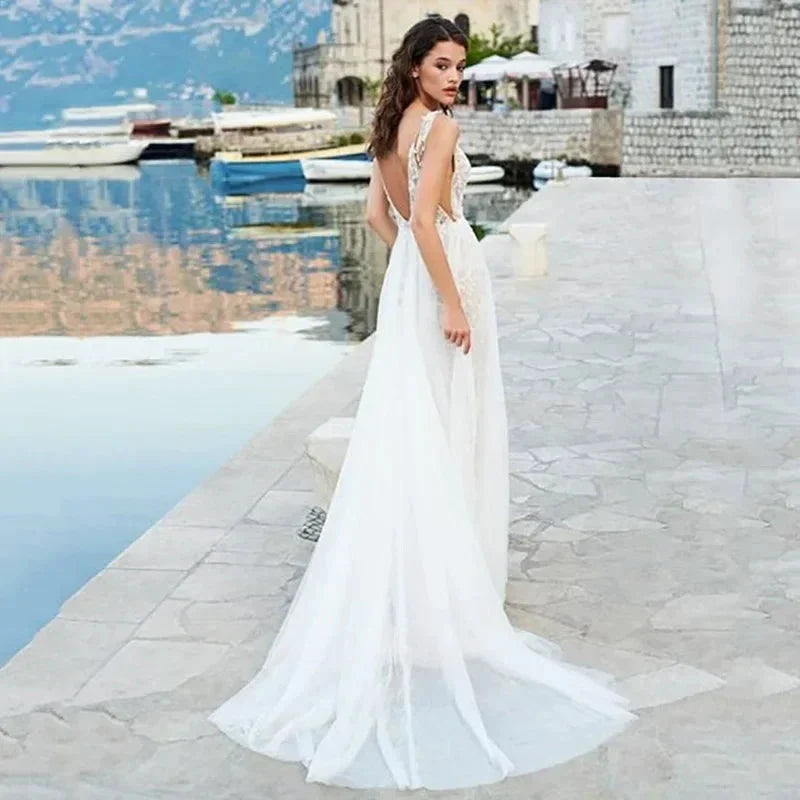 Beach Boho Backless Wedding Dresses Spaghetti Straps Lace Wedding Gowns Side Split V Neck Bride Dress Vestido De Novia (ZD13356)