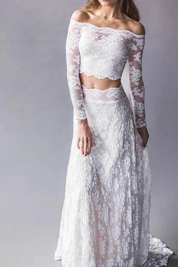 Beach Boho Two Piece Beach Wedding Dress Off Shoulder Lace Long Sleeve Sexy Bridal Gowns Sweep Train