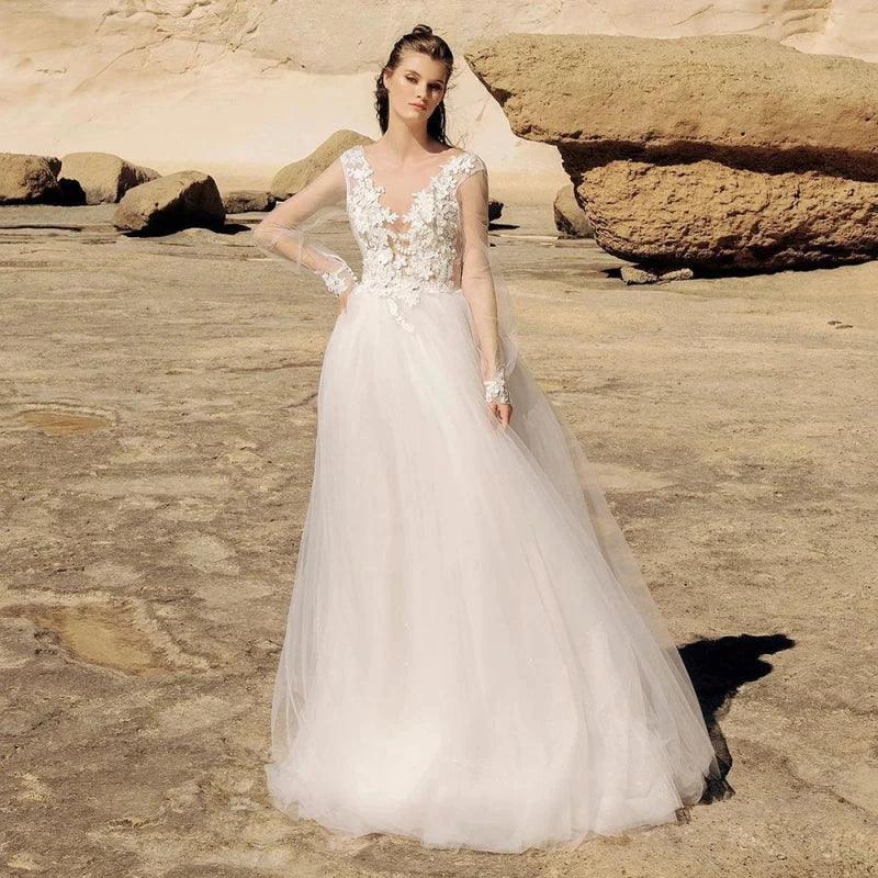 Beach Ivory Lace Wedding Dresses Illusion Long Sleeves Bridal Gowns Jewel Neck Backless Appliqued Tulle A-Line Floor Length (ZD13311) - VelvetHem