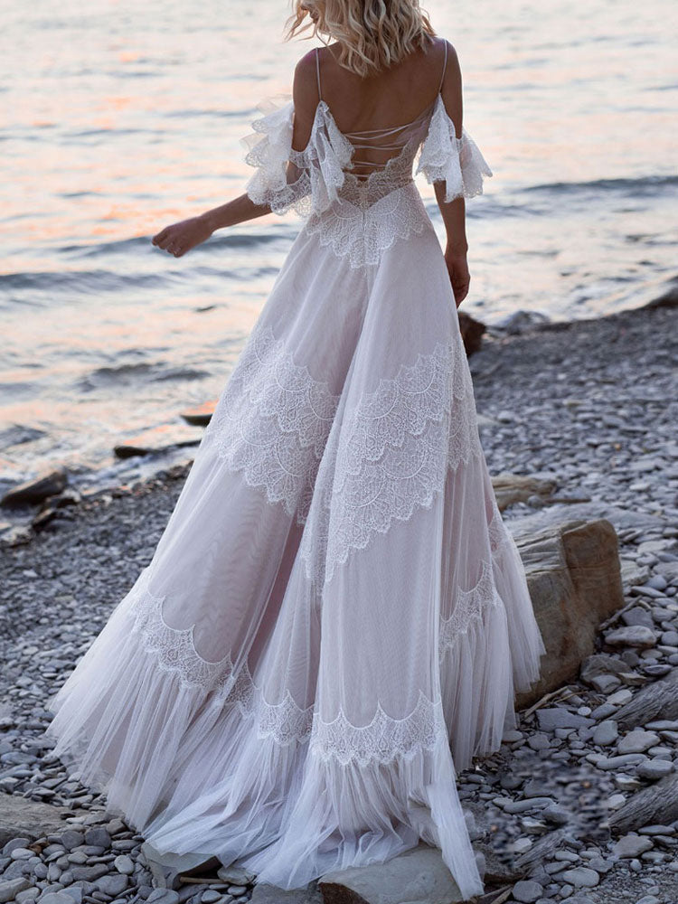 Beach Off The Shoulder V Neck Lace Backless A-Line Beach Wedding Dresses
