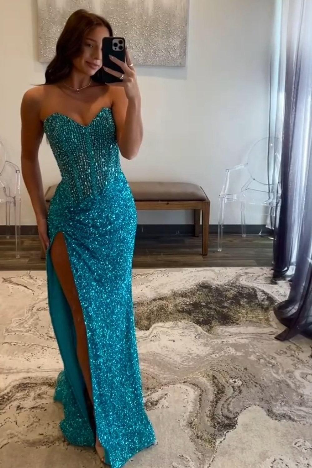 Beaded Blue Prom Dress Sweetheart Long Formal Dress With Slit