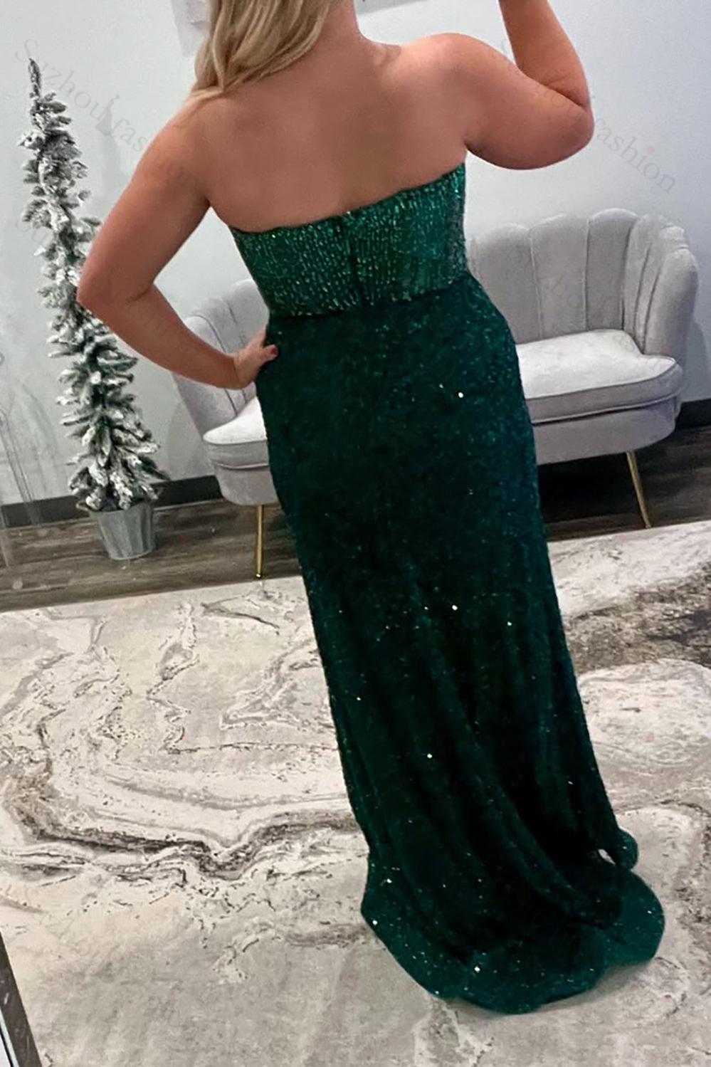 Beaded Blue Prom Dress Sweetheart Long Formal Dress With Slit