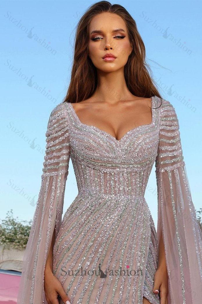 Beaded Cap Sleeve Prom Dress Sheath Formal Dress with Slit
