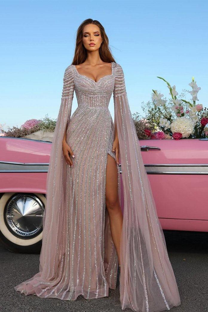 Beaded Cap Sleeve Prom Dress Sheath Formal Dress with Slit
