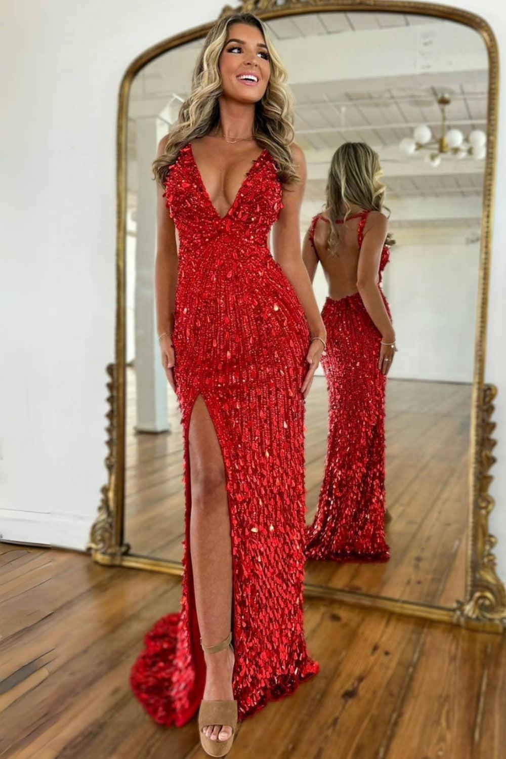 Suzhoufashion Beaded Prom Dress With Deep V Neck Slit And Open Back Formal Evening Gown