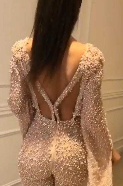 Beaded Sequins Open Back Evening Jumpsuits Luxury Long Sleeves Formal Jumpsuits