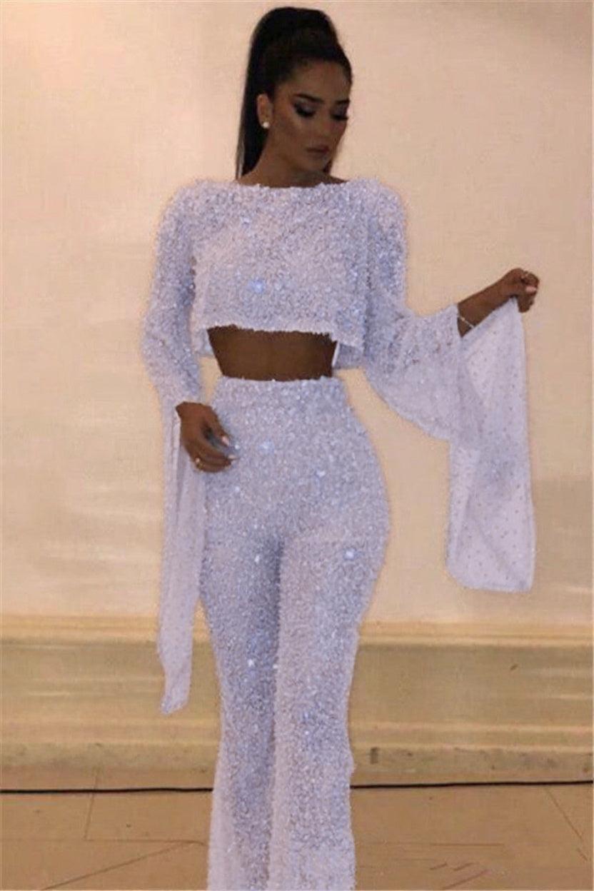 Beaded Sequins Open Back Evening Jumpsuits Luxury Long Sleeves Formal Jumpsuits