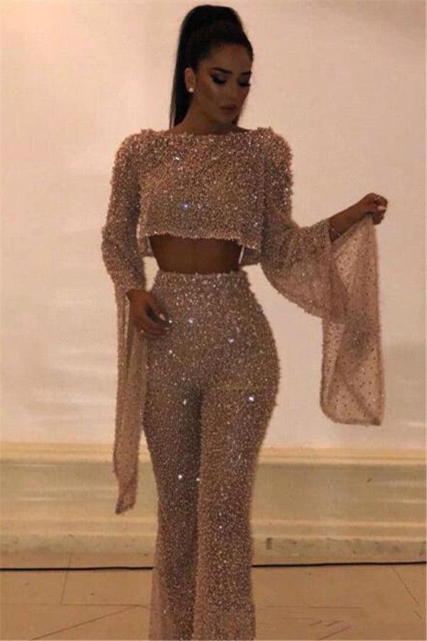 Beaded Sequins Open Back Evening Jumpsuits Luxury Long Sleeves Formal Jumpsuits