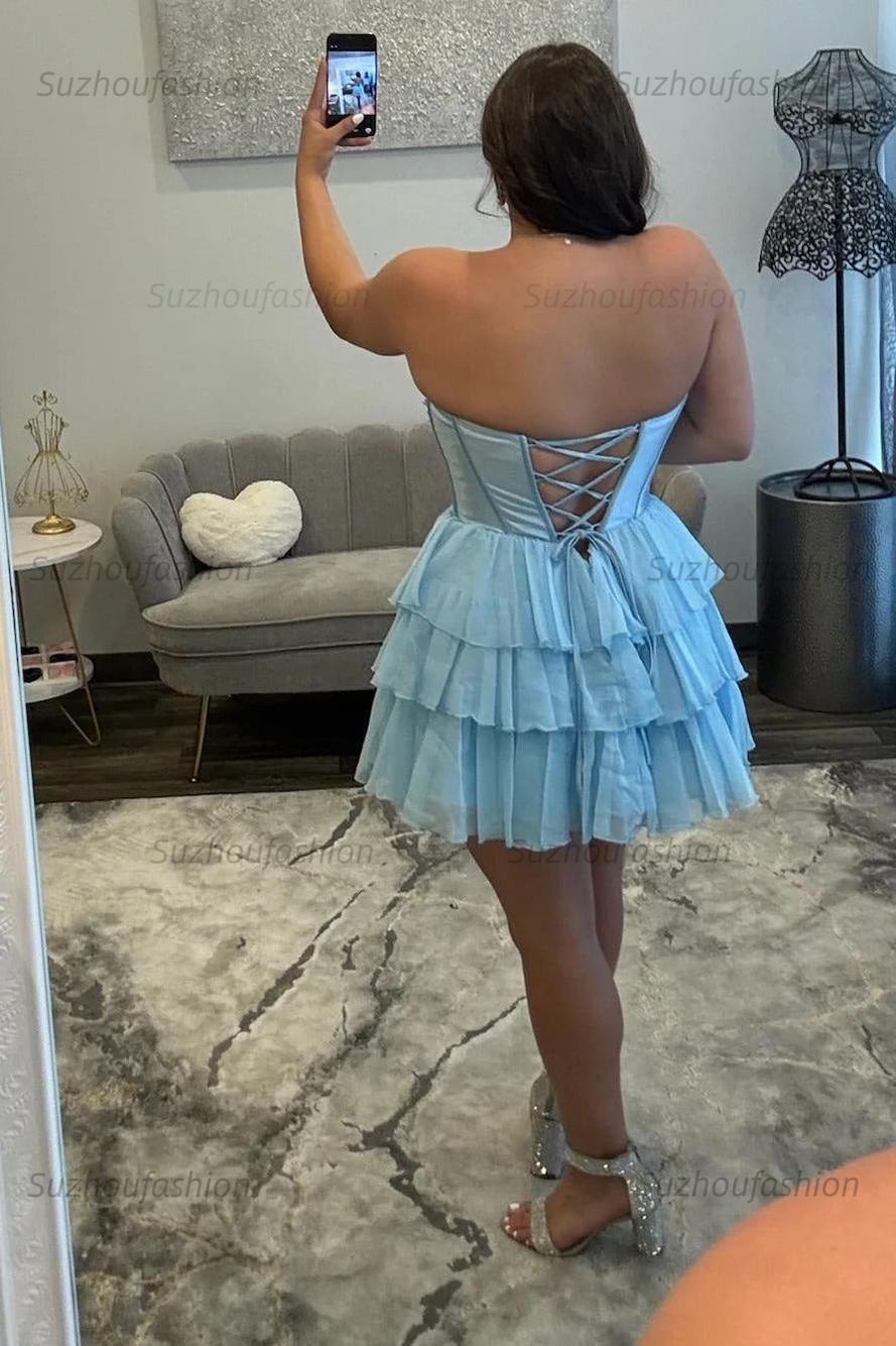 Beaded Strapless Homecoming Dress Tiered Corset Short Cocktail Dress