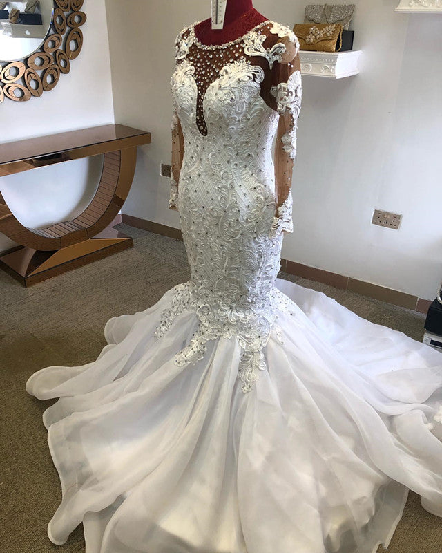 Beading Mermaid Sheer Tulle Wedding Dresses | Appliques Long Sleeve Bridal Dresses