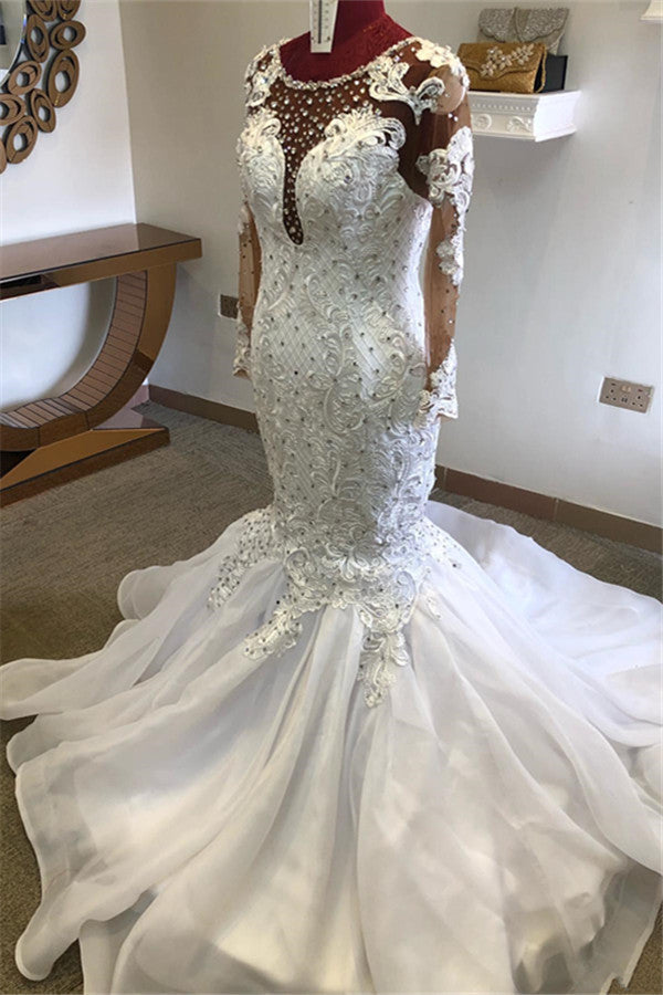 Beading Mermaid Sheer Tulle Wedding Dresses | Appliques Long Sleeve Bridal Dresses