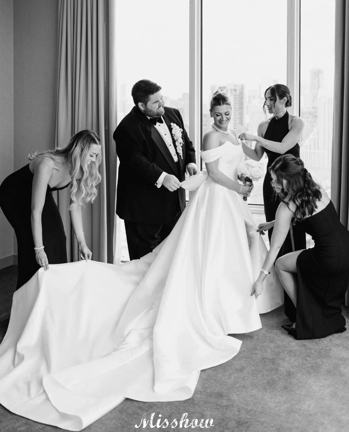 Beautiful A-Line Off-The-Shoulder Scoop Sleeveless Ruffles Satin Split Front White Wedding Dresses (ZD15574)