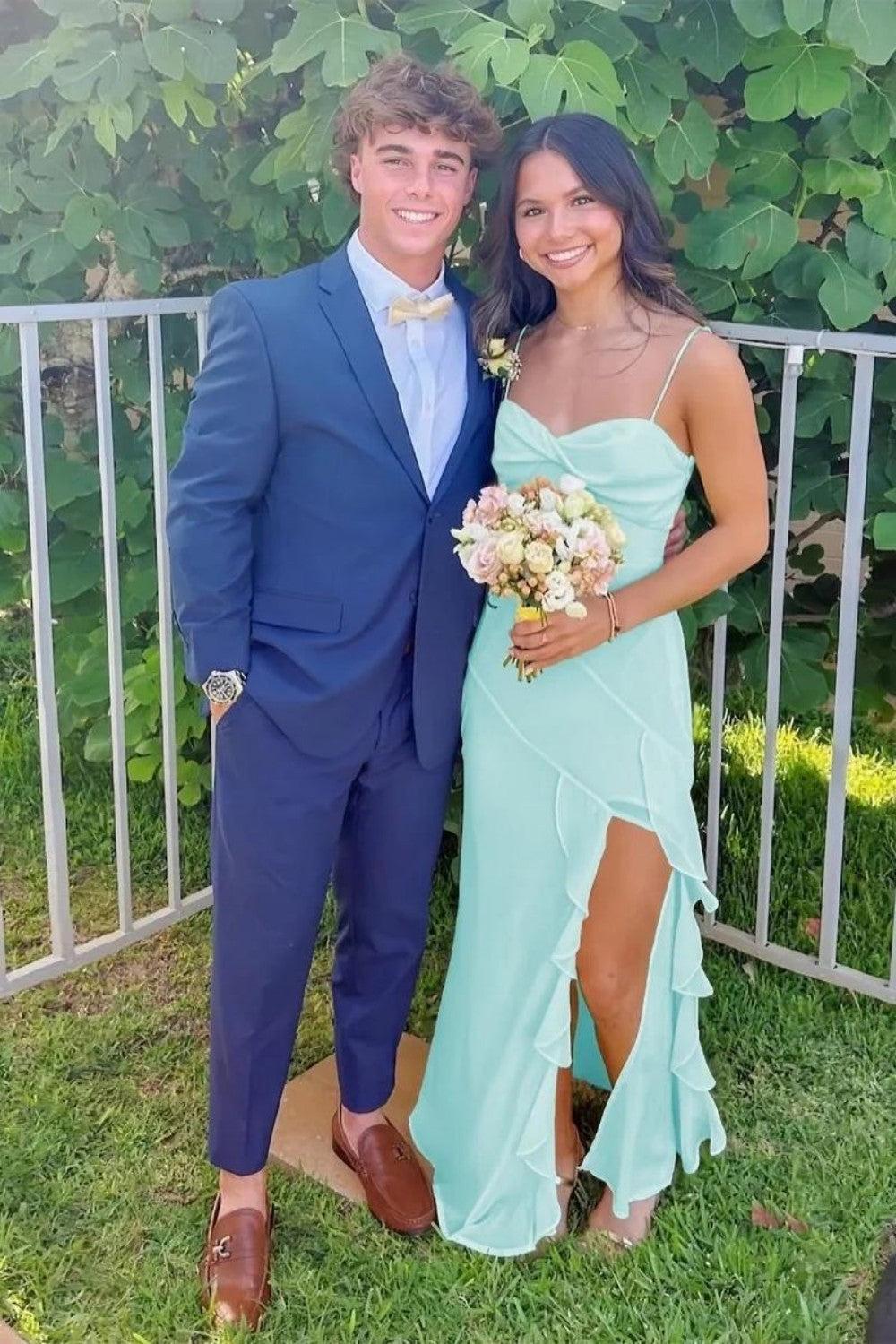 A Line Spaghetti Straps Yellow Long Prom Dress With Split Front Formal Evening Gown