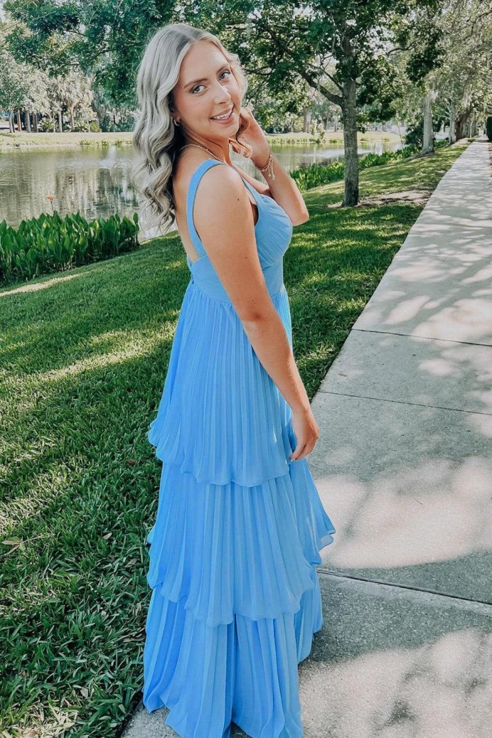A Line Sweetheart Blue Long Prom Dress With Ruffles Formal Evening Gown
