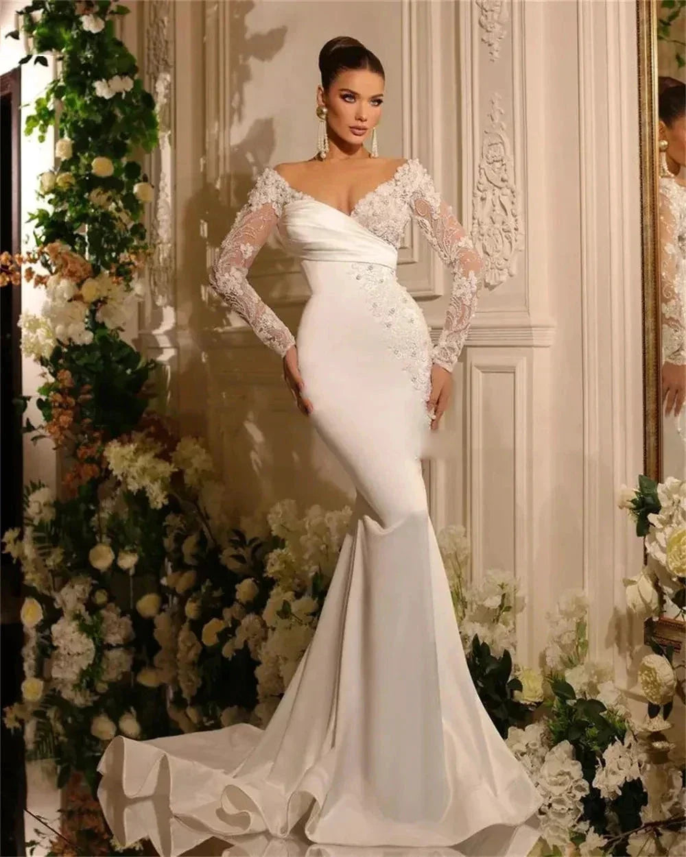 Beautiful A Line Wedding Dresses Gorgeous Satin Deep V-neck Lace Appliques Slimming Beautiful Mopping Beach Bridal Gown 2023 (ZD13351)