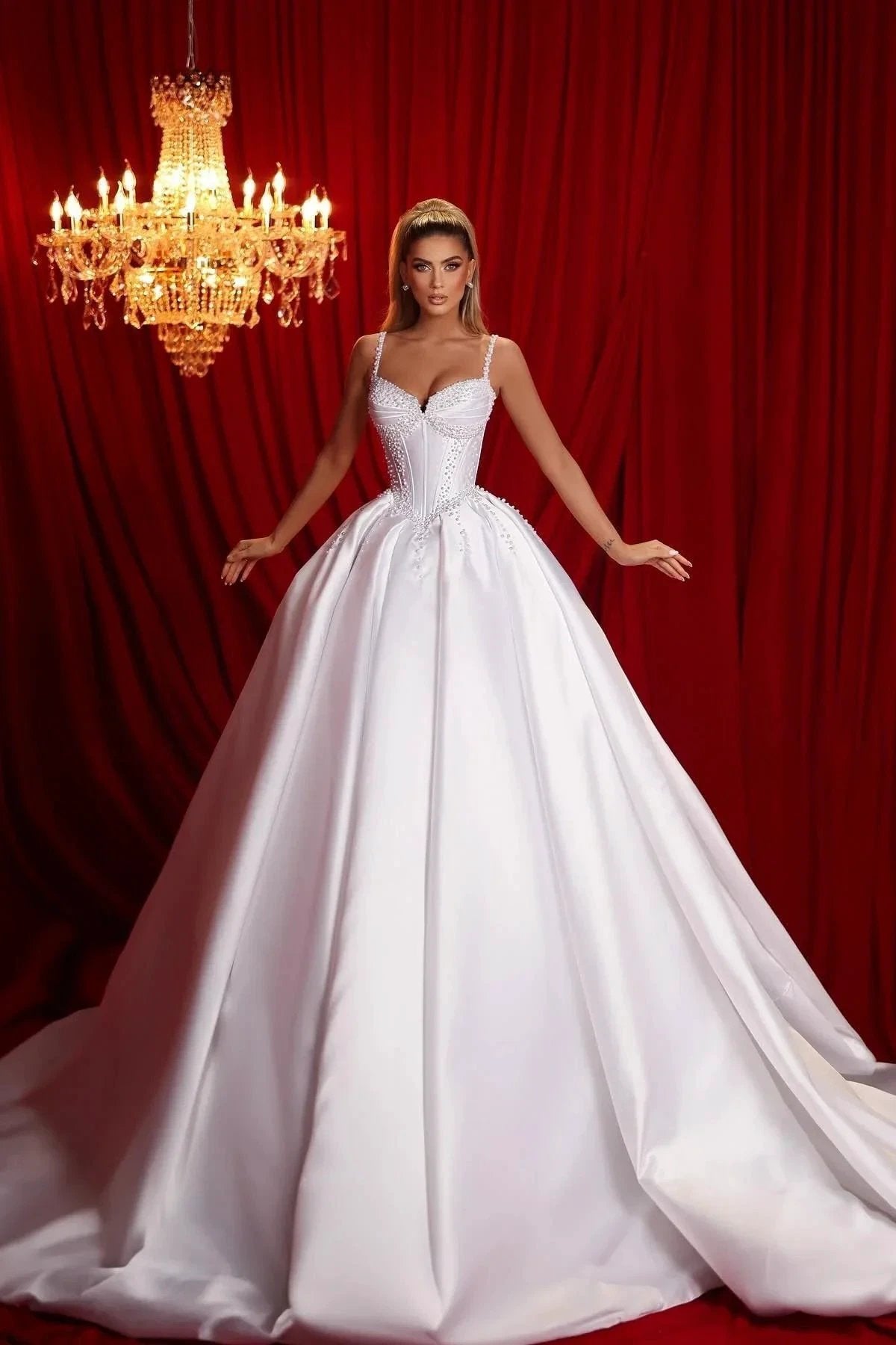 Beautiful A-line Spaghetti Straps Sleeveless Ruffles Satin Train White Long Wedding Dress (ZD15618)
