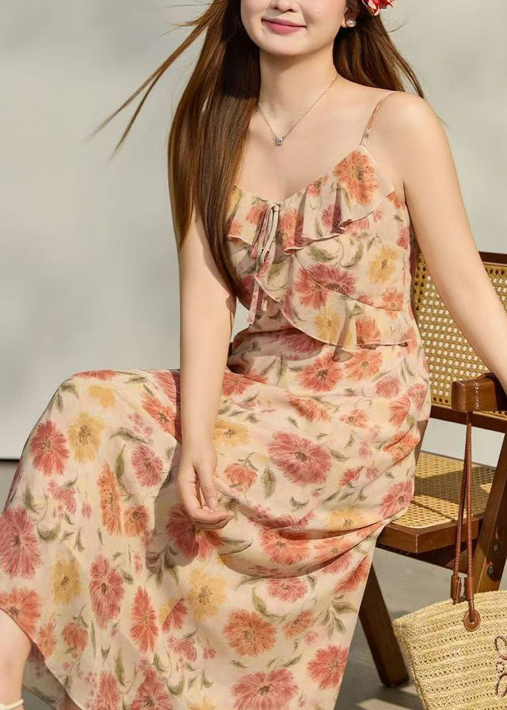 Beautiful Apricot Ruffles Print Chiffon Holiday Dresses Summer