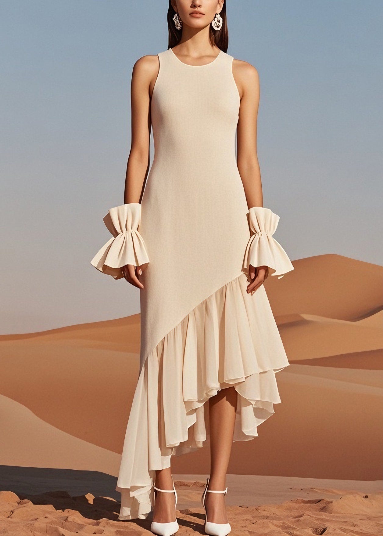 Beautiful Beige O Neck Wrinkled Patchwork Knit Dress Sleeveless