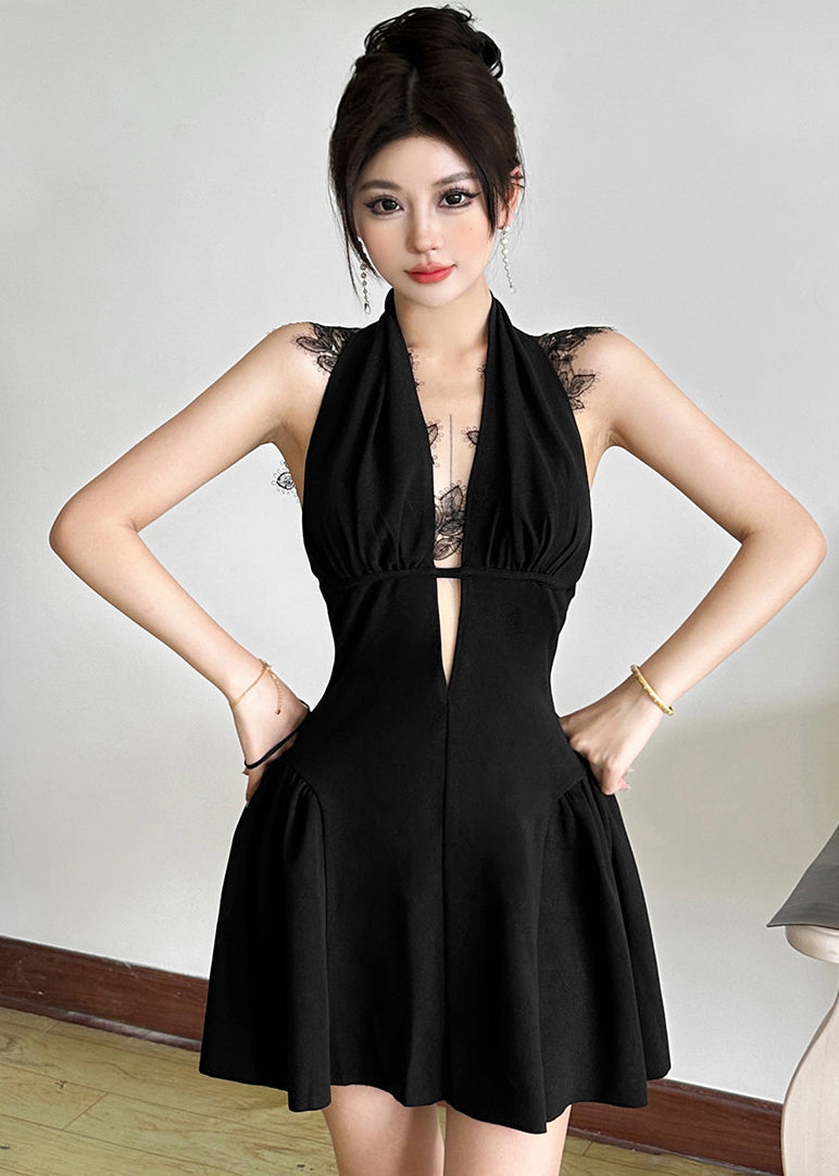 Beautiful Black V Neck Lace Patchwork Mid Dress Summer